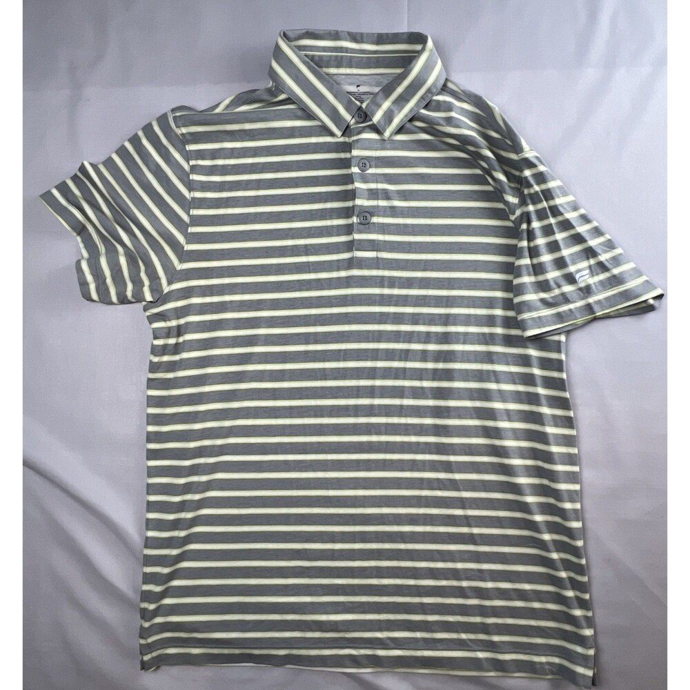 Fabletics Polo Shirt Men's Med Gray & Yellow Stripe Performance Athleisure Modal